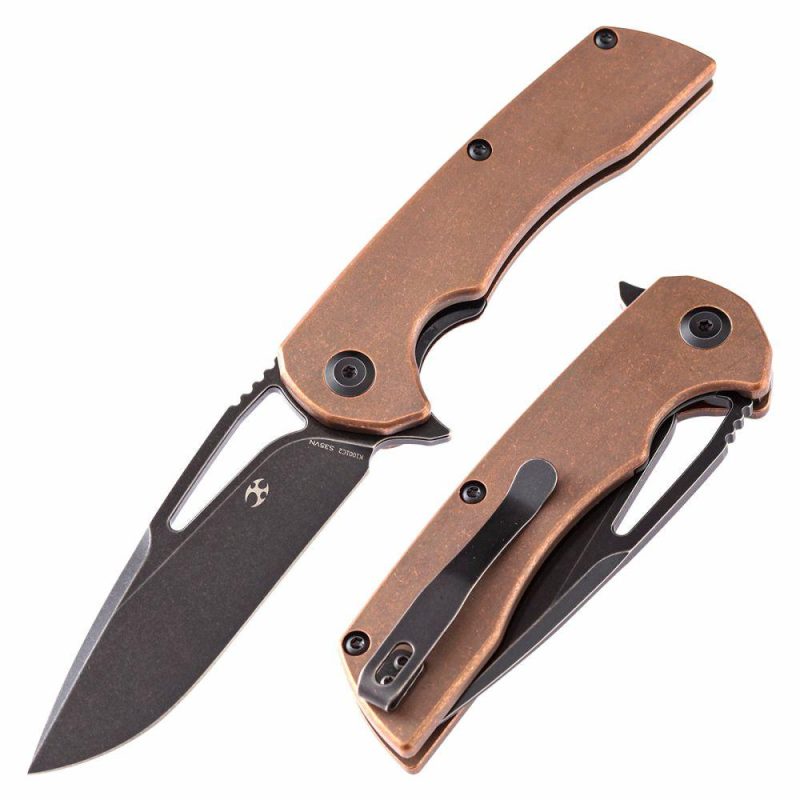 Kryo Thumb Hole Knife Anodized Copper Handle (3.58” CPM-S35VN Blade)Kim Ning Design-K1001C2 Brown | Folding Pocket Knives