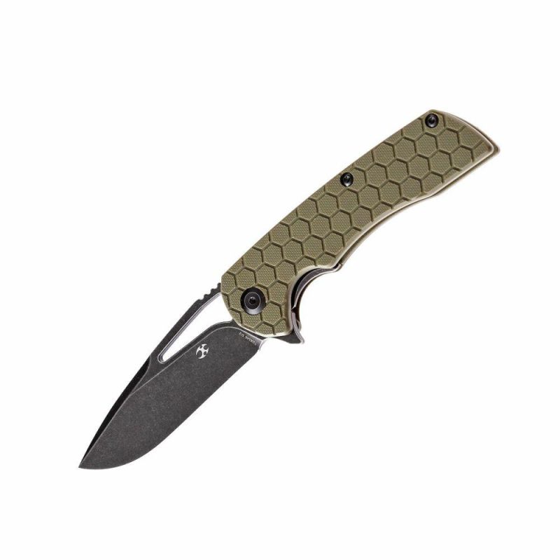 Kryo Thumb Hole Knife Soccer Pattern Green G10 Handle (3.58"D2 Blade) Kim Ning Design-T1001A6 Green | Folding Pocket Knives