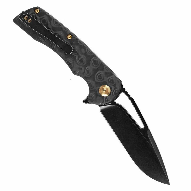 Kryo Thumb Hole/Flipper Knife Black Rose Pattern Carbon Fiber Handle (3.58"CPM S35VN Blade) Kim Ning Design-K1001M1 Black | Folding Pocket Knives