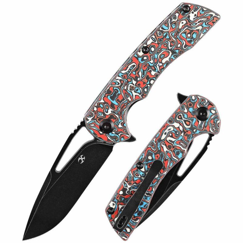 Kryo Thumb Hole/Flipper Knife Red Blue White Nebula Carbon Fiber Handle (3.58"CPM S35VN Blade) Kim Ning Design-K1001M3 Red/Blue | Folding Pocket Knives