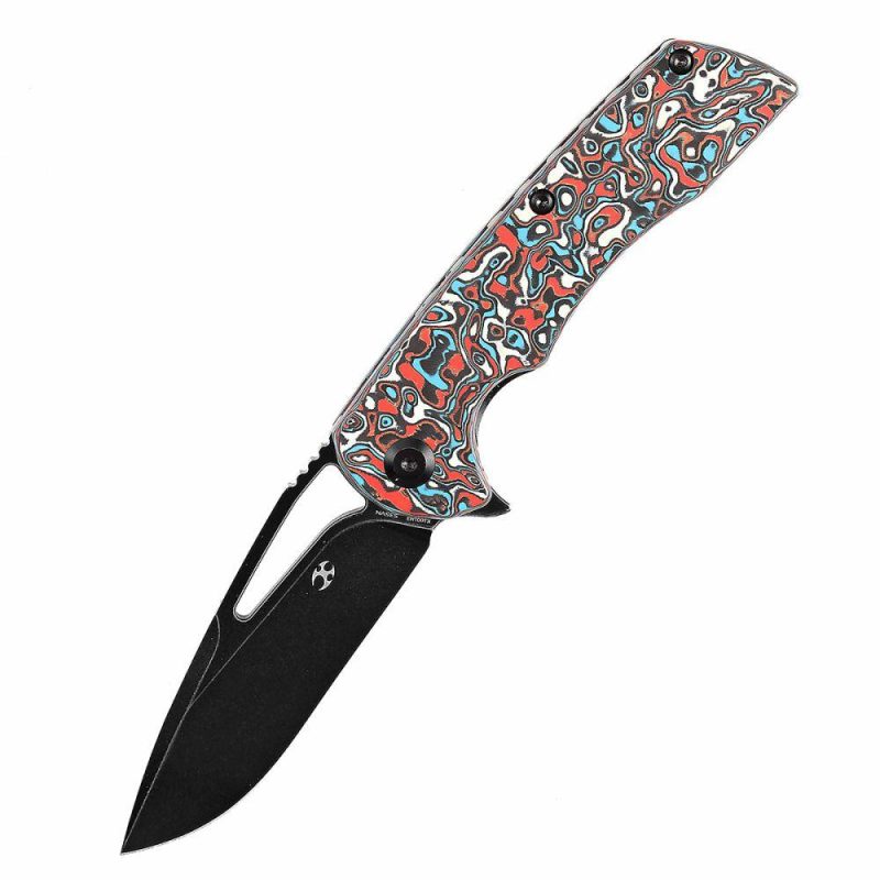 Kryo Thumb Hole/Flipper Knife Red Blue White Nebula Carbon Fiber Handle (3.58"CPM S35VN Blade) Kim Ning Design-K1001M3 Red/Blue | Folding Pocket Knives