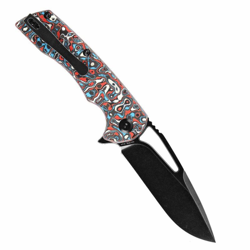 Kryo Thumb Hole/Flipper Knife Red Blue White Nebula Carbon Fiber Handle (3.58"CPM S35VN Blade) Kim Ning Design-K1001M3 Red/Blue | Folding Pocket Knives