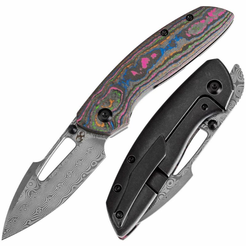 Link Thumb Studs 80S Camo Carbon Fiber Blackwash Titanium Handle(3.0”Damascus Blade )Triple Stripe Knives Design-K1068A5 Black | Folding Pocket Knives