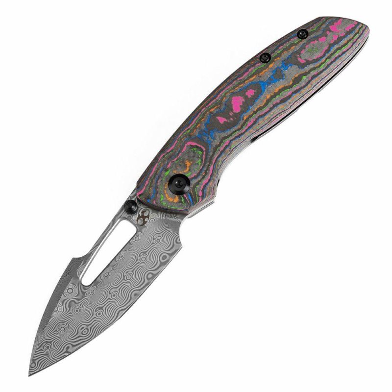 Link Thumb Studs 80S Camo Carbon Fiber Blackwash Titanium Handle(3.0”Damascus Blade )Triple Stripe Knives Design-K1068A5 Black | Folding Pocket Knives