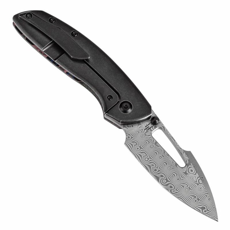 Link Thumb Studs 80S Camo Carbon Fiber Blackwash Titanium Handle(3.0”Damascus Blade )Triple Stripe Knives Design-K1068A5 Black | Folding Pocket Knives