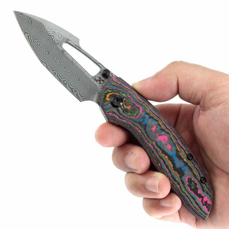 Link Thumb Studs 80S Camo Carbon Fiber Blackwash Titanium Handle(3.0”Damascus Blade )Triple Stripe Knives Design-K1068A5 Black | Folding Pocket Knives