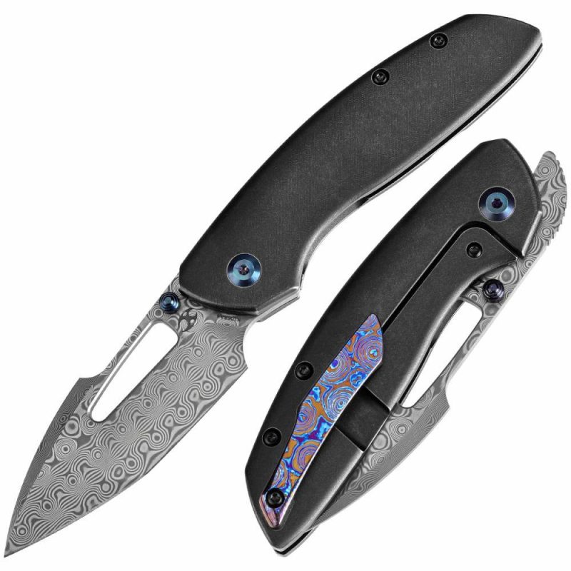 Link Thumb Studs Blackwash Titanium Handle with Timascus Clip (3.0”Damascus Blade )Triple Stripe Knives Design-K1068A4 Black | Folding Pocket Knives