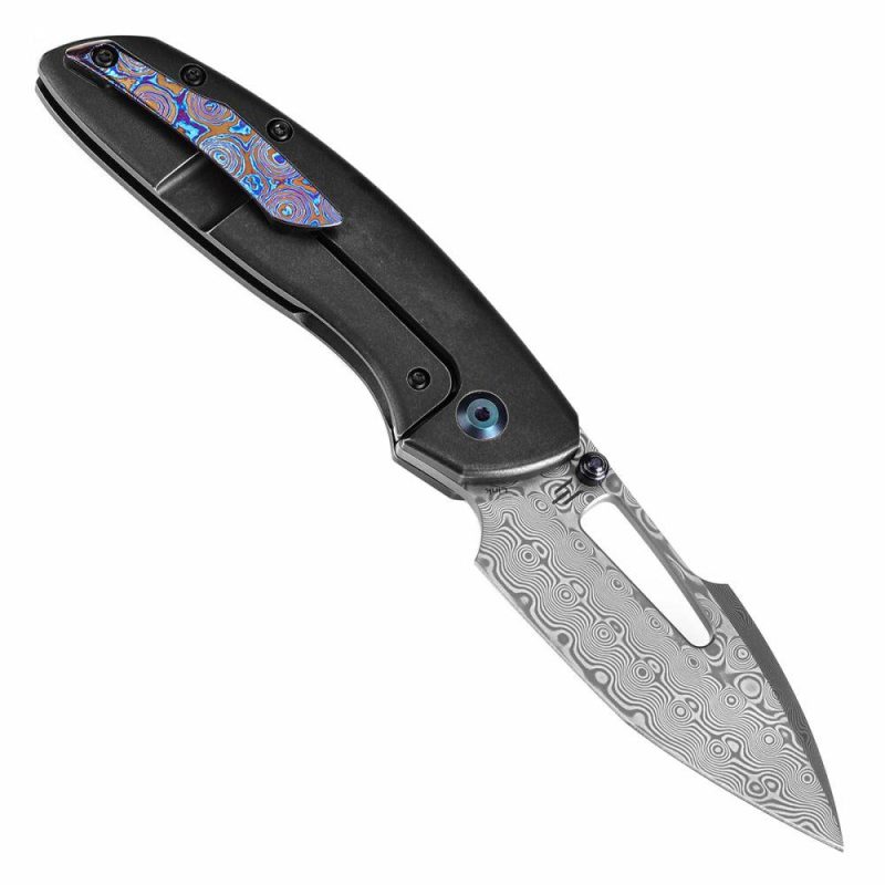 Link Thumb Studs Blackwash Titanium Handle with Timascus Clip (3.0”Damascus Blade )Triple Stripe Knives Design-K1068A4 Black | Folding Pocket Knives