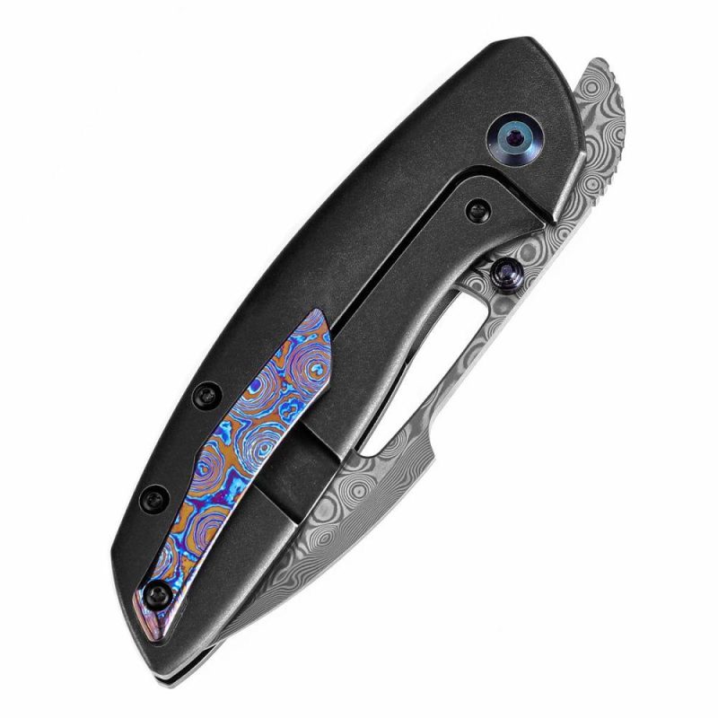 Link Thumb Studs Blackwash Titanium Handle with Timascus Clip (3.0”Damascus Blade )Triple Stripe Knives Design-K1068A4 Black | Folding Pocket Knives