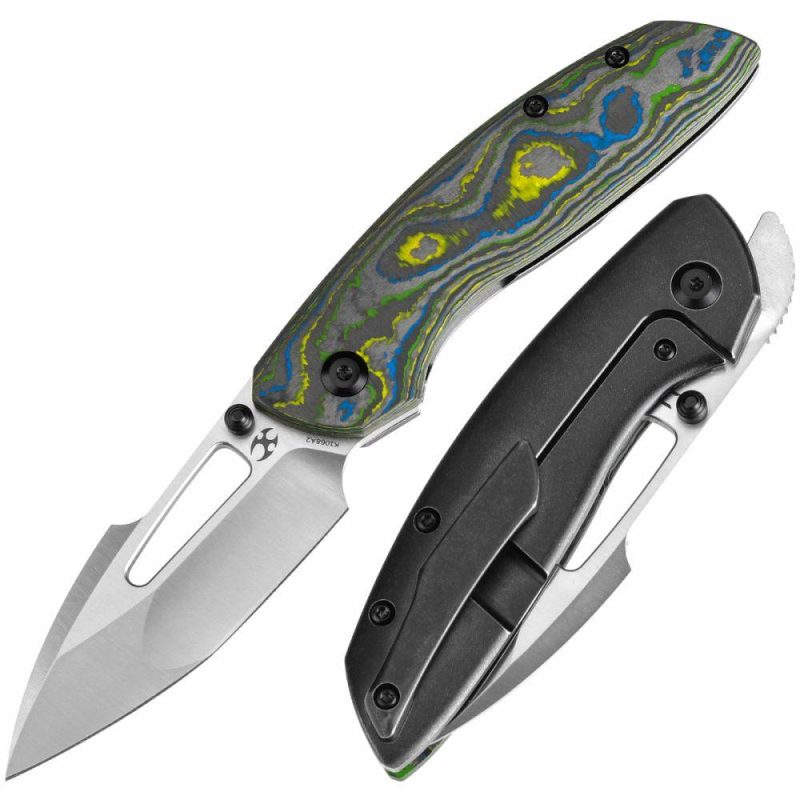 Link Thumb Studs Gecko Camo Carbon and Titanium Handle (3.0”CPM 20CV Blade ) Jonathan Shaw Design-K1068A2 Yellow/Blue | Folding Pocket Knives