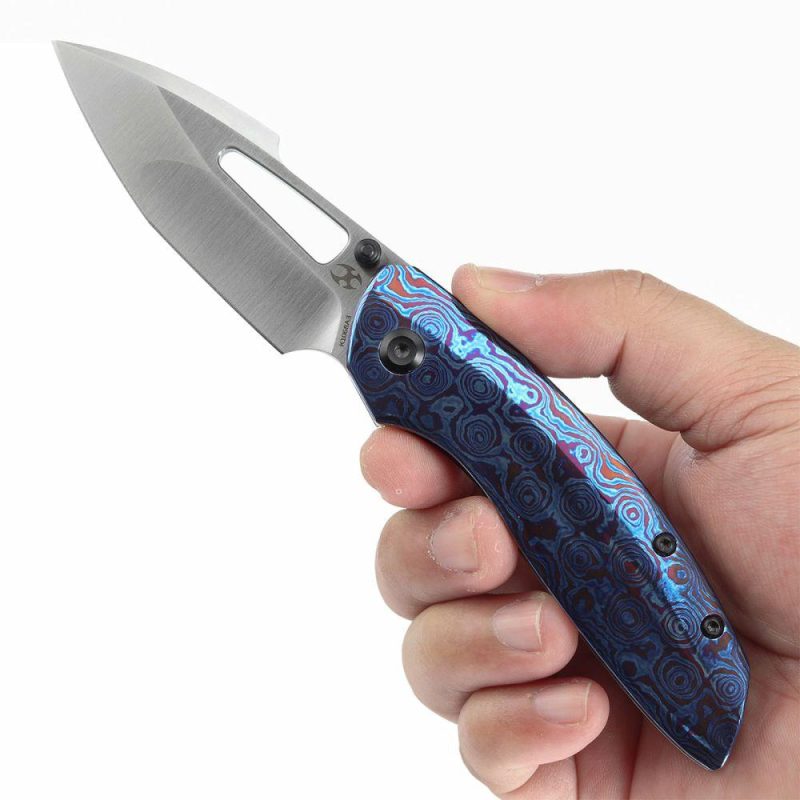 Link Thumb Studs Timascus and Blackwash Titanium Handle (3.0”CPM 20CV Blade )Triple Stripe Knives Design-K1068A3 Black Purple | Folding Pocket Knives