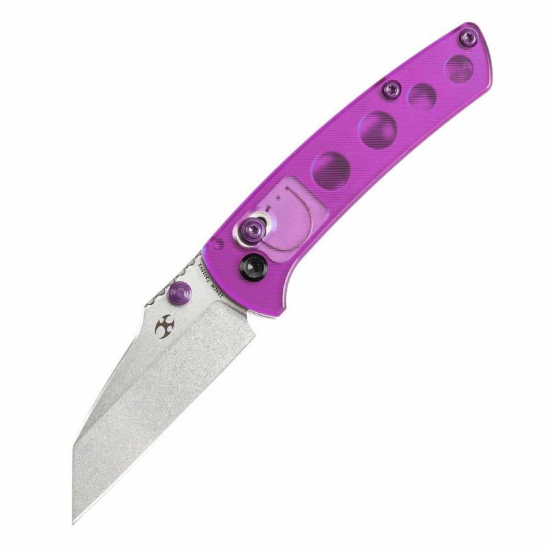 Little Main Street Cross Bar Lock Purple Acrylic Handle (2.26” Stonewashed 154CM Blade) Dirk Pinkerton Design T2015V2 | Folding Pocket Knives