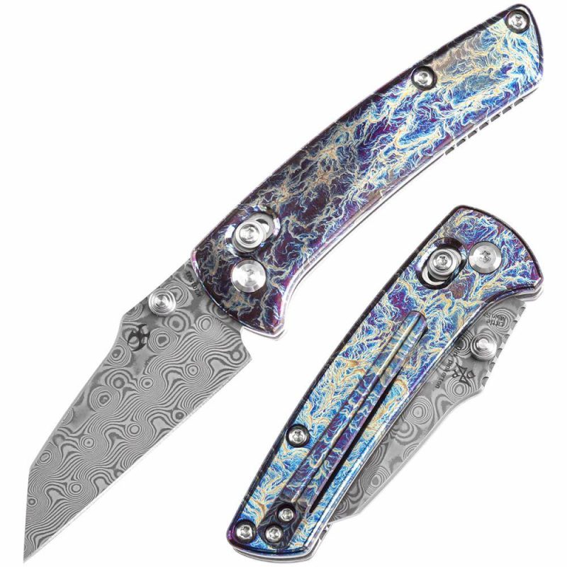 Little Main Street Cross Bar Lock Titanium with Lightning Strike Finish Handle (2.26” Damascus Blade) Dirk Pinkerton Design K2015V1 | Folding Pocket Knives