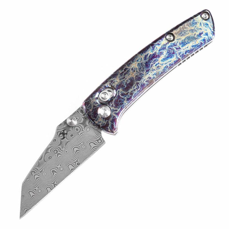 Little Main Street Cross Bar Lock Titanium with Lightning Strike Finish Handle (2.26” Damascus Blade) Dirk Pinkerton Design K2015V1 | Folding Pocket Knives