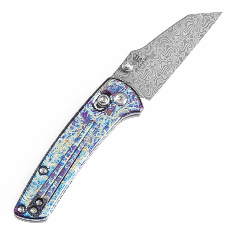 Little Main Street Cross Bar Lock Titanium with Lightning Strike Finish Handle (2.26” Damascus Blade) Dirk Pinkerton Design K2015V1 | Folding Pocket Knives