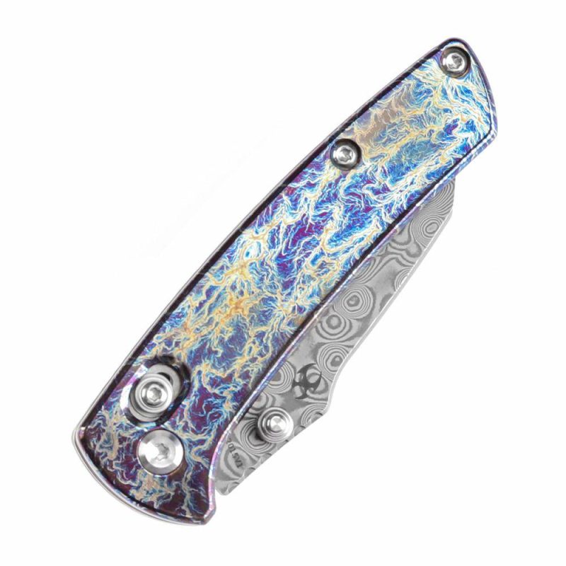 Little Main Street Cross Bar Lock Titanium with Lightning Strike Finish Handle (2.26” Damascus Blade) Dirk Pinkerton Design K2015V1 | Folding Pocket Knives