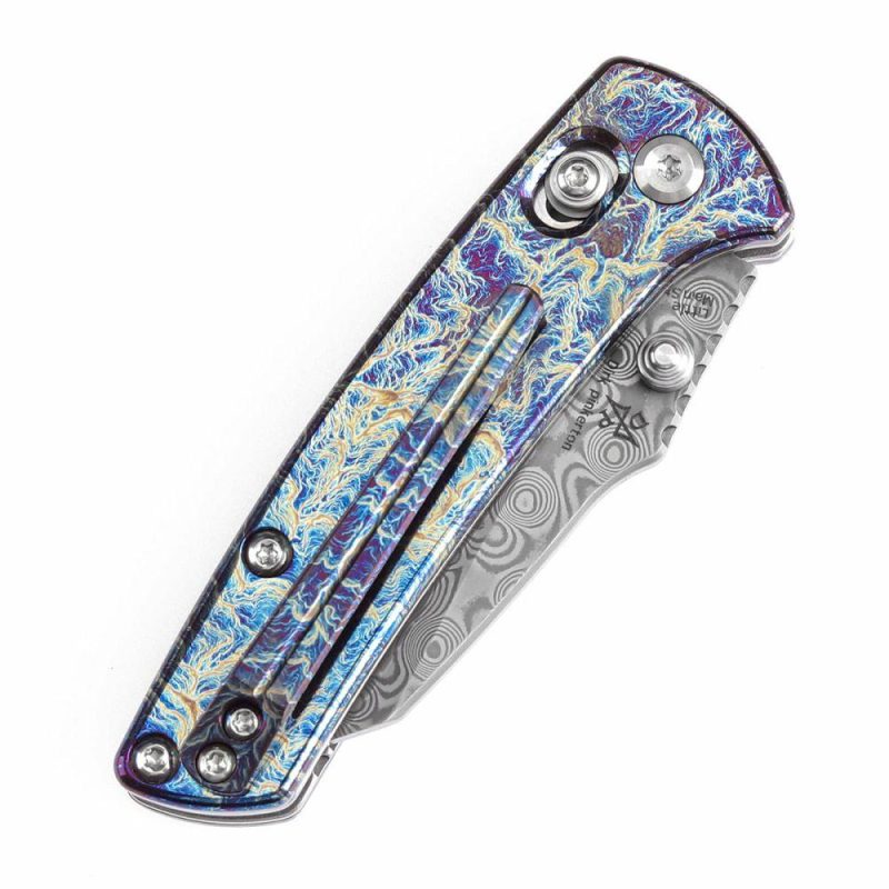 Little Main Street Cross Bar Lock Titanium with Lightning Strike Finish Handle (2.26” Damascus Blade) Dirk Pinkerton Design K2015V1 | Folding Pocket Knives