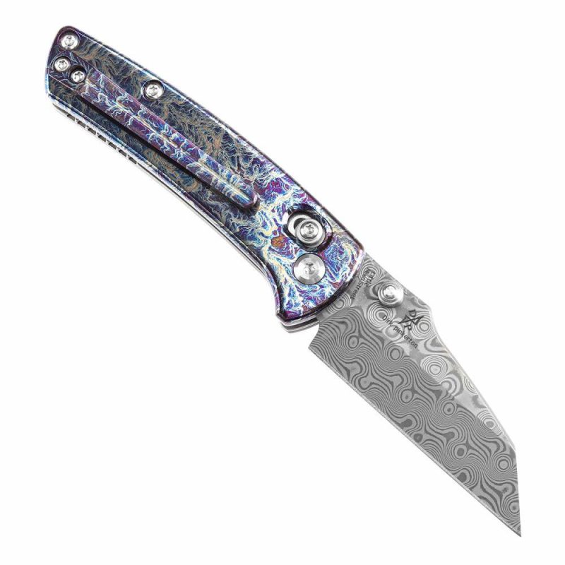 Little Main Street Cross Bar Lock Titanium with Lightning Strike Finish Handle (2.26” Damascus Blade) Dirk Pinkerton Design K2015V1 | Folding Pocket Knives