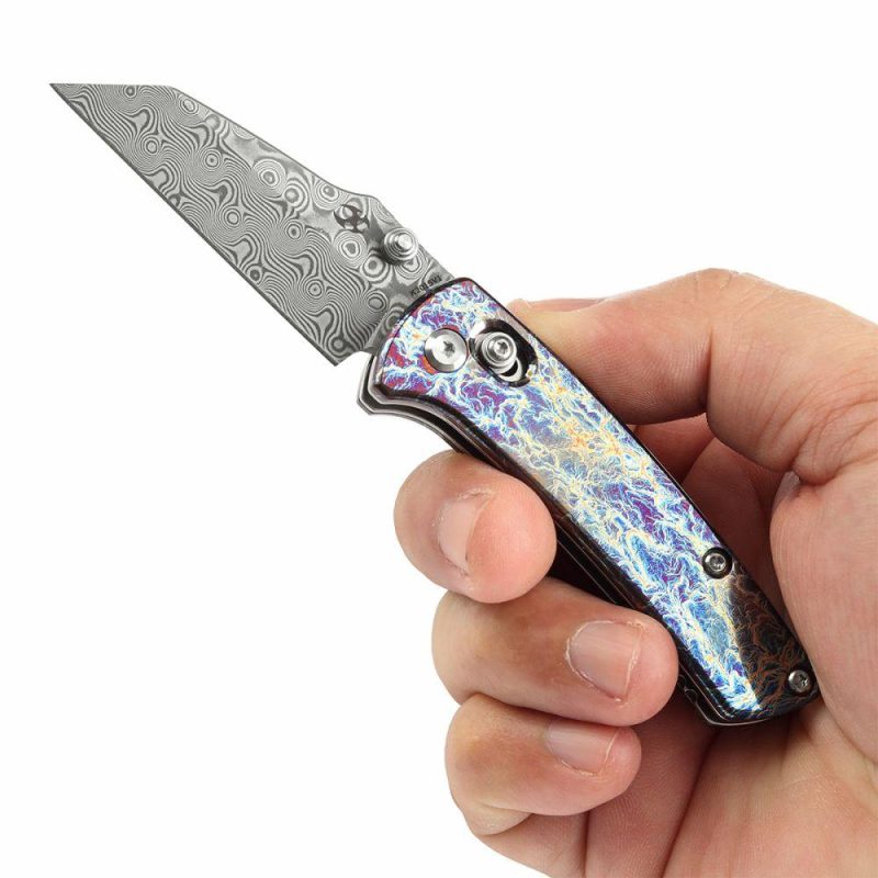 Little Main Street Cross Bar Lock Titanium with Lightning Strike Finish Handle (2.26” Damascus Blade) Dirk Pinkerton Design K2015V1 | Folding Pocket Knives