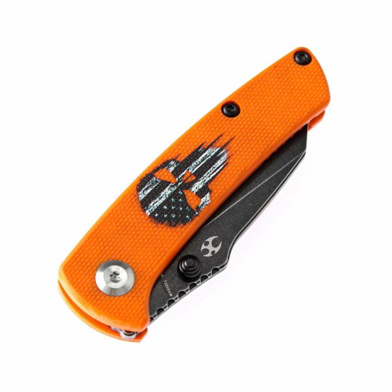 Little Main Street Thumb Studs Knife Orange G10 with Skull Print Handle (2.26” 154CM Blade) Dirk Pinkerton Design -T2015AW | Folding Pocket Knives