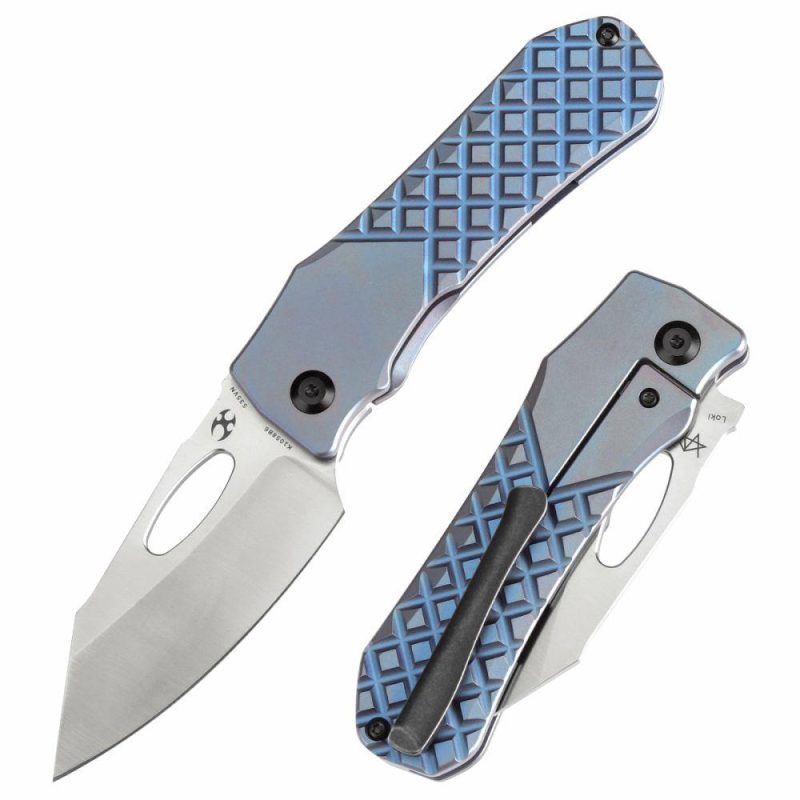 Loki Thumb Hole Knife Blue Anodized Titanium with Frag Pattern Handle (2.99”CPM S35VN Blade)Steven Dunnuck Design-K1058B6 Blue | Folding Pocket Knives