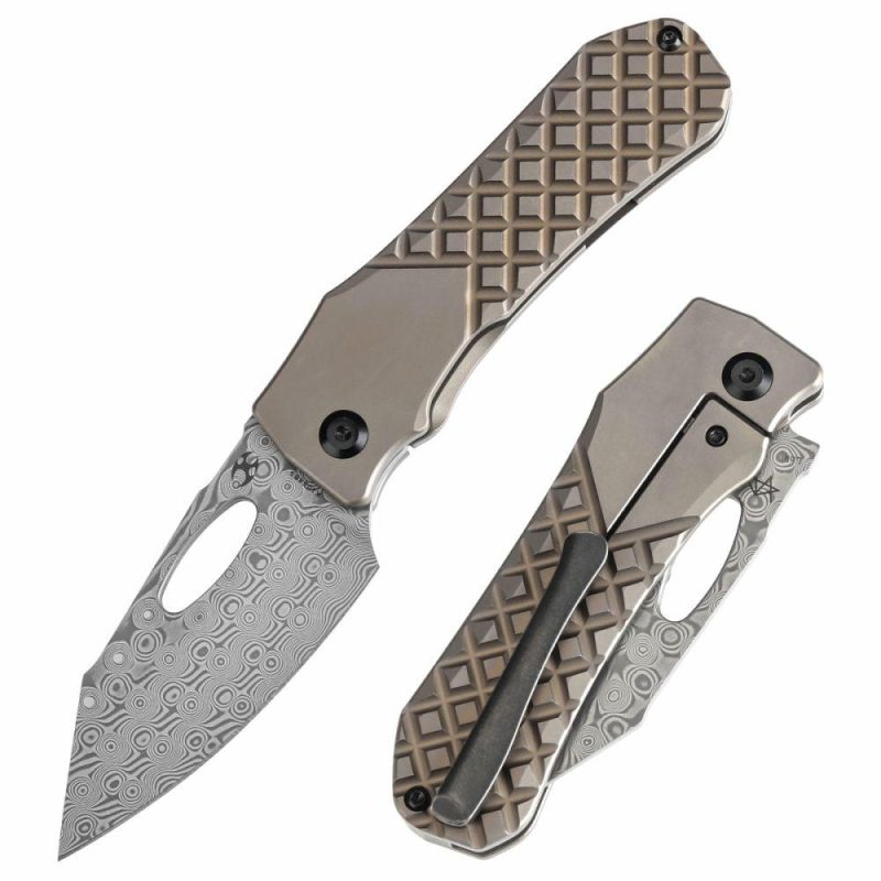 Loki Thumb Hole Knife Bronzed Anodized Titanium with Frag Pattern Handle (2.99”Damascus Blade)Steven Dunnuck Design-K1058B5 Bronze/Black | Folding Pocket Knives