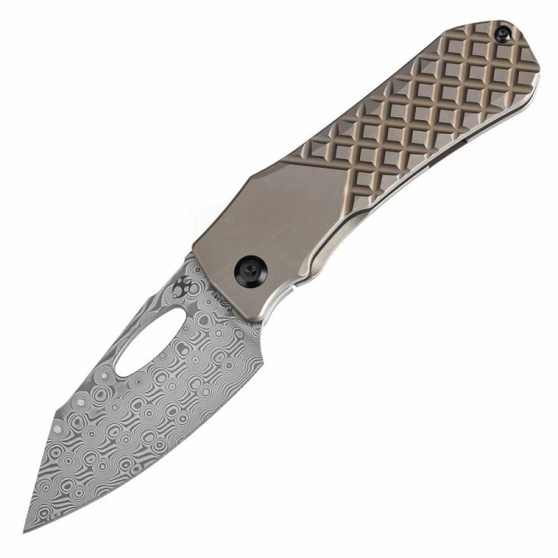 Loki Thumb Hole Knife Bronzed Anodized Titanium with Frag Pattern Handle (2.99”Damascus Blade)Steven Dunnuck Design-K1058B5 Bronze/Black | Folding Pocket Knives