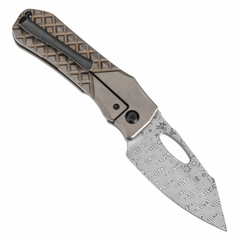 Loki Thumb Hole Knife Bronzed Anodized Titanium with Frag Pattern Handle (2.99”Damascus Blade)Steven Dunnuck Design-K1058B5 Bronze/Black | Folding Pocket Knives