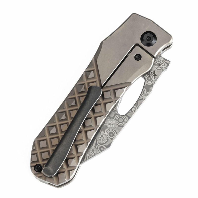 Loki Thumb Hole Knife Bronzed Anodized Titanium with Frag Pattern Handle (2.99”Damascus Blade)Steven Dunnuck Design-K1058B5 Bronze/Black | Folding Pocket Knives