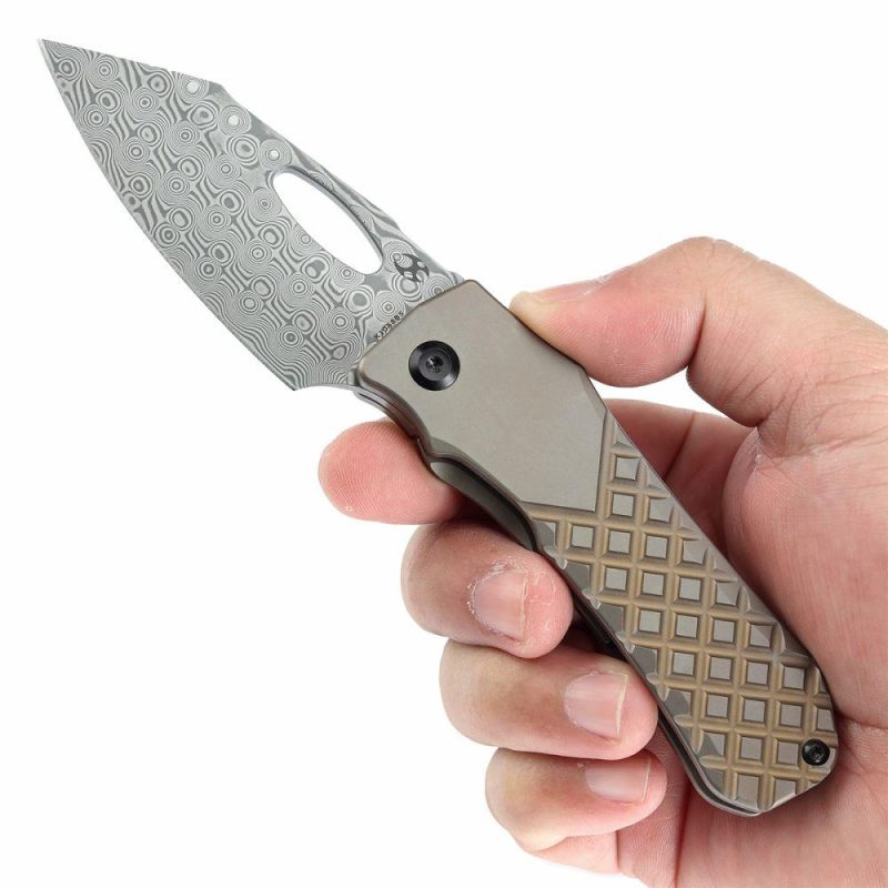 Loki Thumb Hole Knife Bronzed Anodized Titanium with Frag Pattern Handle (2.99”Damascus Blade)Steven Dunnuck Design-K1058B5 Bronze/Black | Folding Pocket Knives