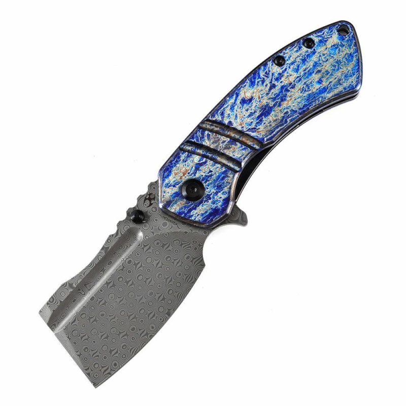 M+ Korvid Thumb Studs/Flipper Knife Lightning Strike Anodized Titanium Handle (3.07’‘ Damascus Blade ) Koch Tools Design-K2030C3U Lightning Strike | Folding Pocket Knives