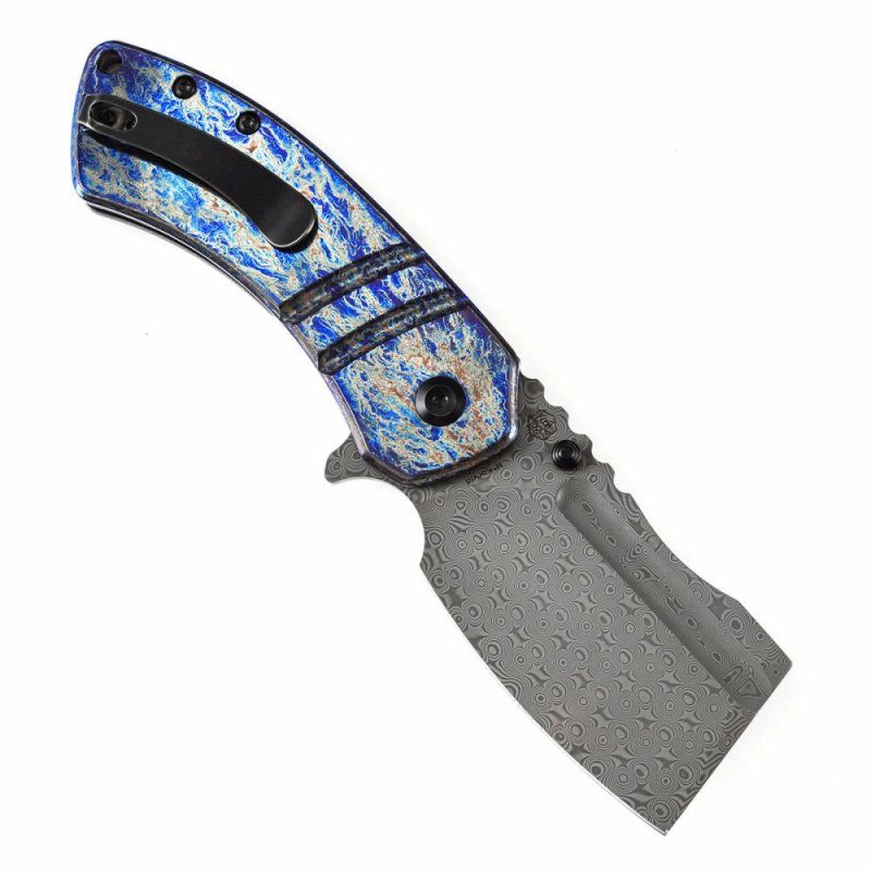 M+ Korvid Thumb Studs/Flipper Knife Lightning Strike Anodized Titanium Handle (3.07’‘ Damascus Blade ) Koch Tools Design-K2030C3U Lightning Strike | Folding Pocket Knives