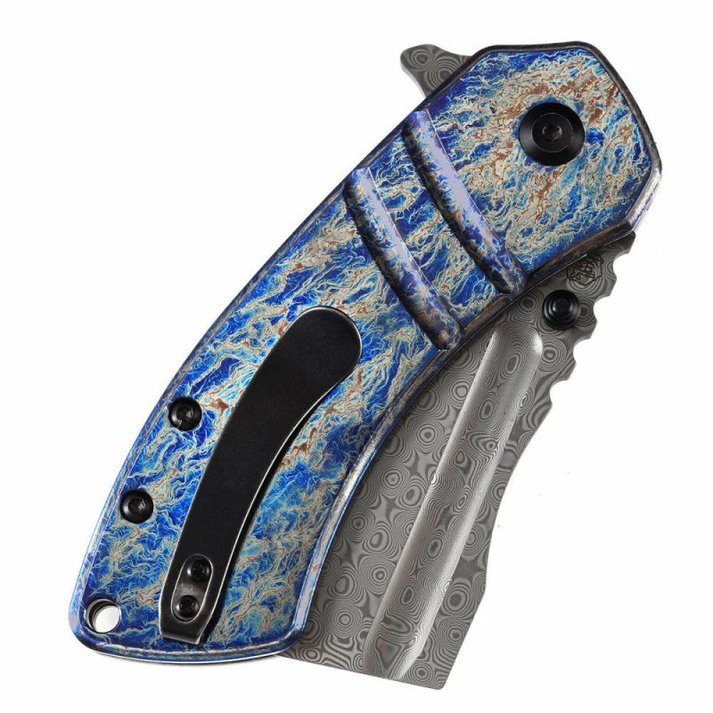 M+ Korvid Thumb Studs/Flipper Knife Lightning Strike Anodized Titanium Handle (3.07’‘ Damascus Blade ) Koch Tools Design-K2030C3U Lightning Strike | Folding Pocket Knives