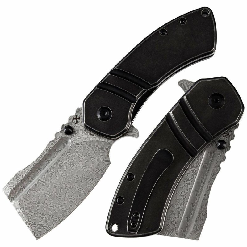 M+ Korvid Thumb Studs/Flipper Knife Stonewashed Titanium Handle (3.07’‘ Damascus Blade ) Koch Tools Design-K2030C2U Black | Folding Pocket Knives