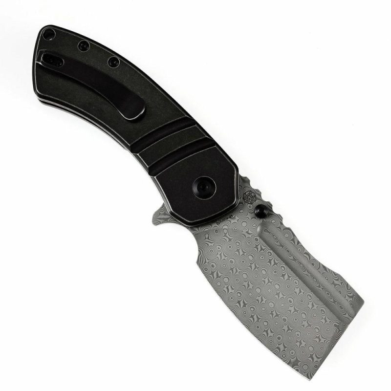 M+ Korvid Thumb Studs/Flipper Knife Stonewashed Titanium Handle (3.07’‘ Damascus Blade ) Koch Tools Design-K2030C2U Black | Folding Pocket Knives