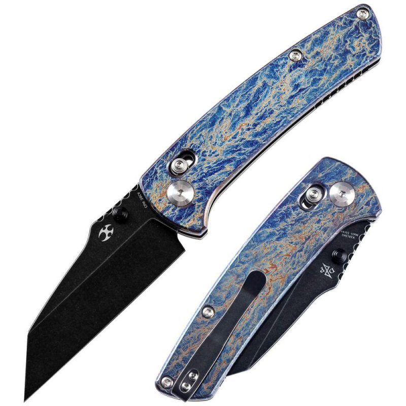 Main Street Thumb Studs/Crossbar Lock Knife Lightning Strike Titanium Handle(3.36”CPM 20CV Blade)Dirk Pinkerton Design-K1015M2 Blue/Black | Folding Pocket Knives