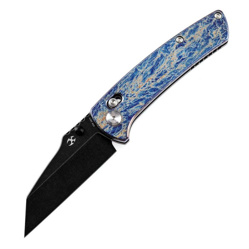 Main Street Thumb Studs/Crossbar Lock Knife Lightning Strike Titanium Handle(3.36”CPM 20CV Blade)Dirk Pinkerton Design-K1015M2 Blue/Black | Folding Pocket Knives