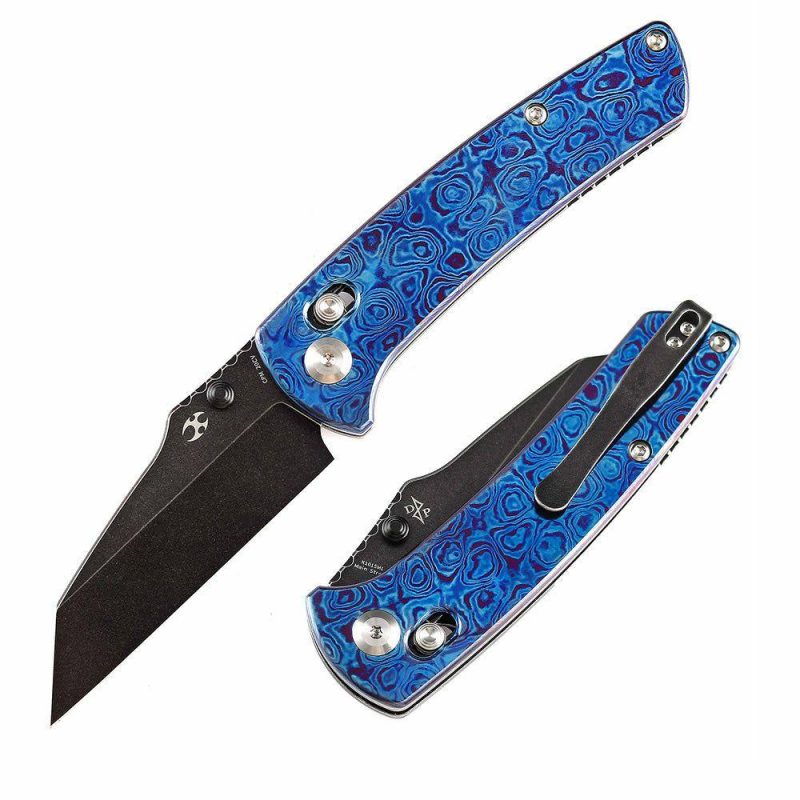 Main Street Thumb Studs/Crossbar Lock Knife Timascus Handle (3.36”CPM 20CV Blade) Dirk Pinkerton Design-K1015M1 Blue/Black | Folding Pocket Knives