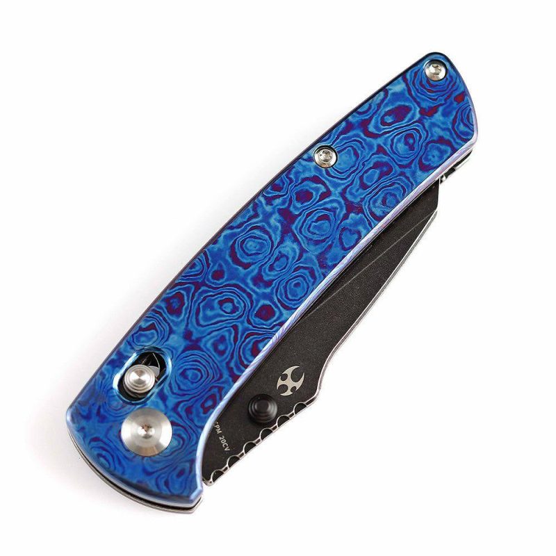 Main Street Thumb Studs/Crossbar Lock Knife Timascus Handle (3.36”CPM 20CV Blade) Dirk Pinkerton Design-K1015M1 Blue/Black | Folding Pocket Knives