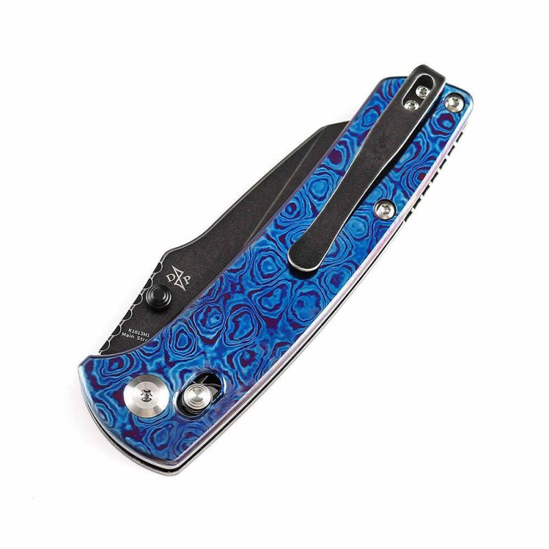 Main Street Thumb Studs/Crossbar Lock Knife Timascus Handle (3.36”CPM 20CV Blade) Dirk Pinkerton Design-K1015M1 Blue/Black | Folding Pocket Knives