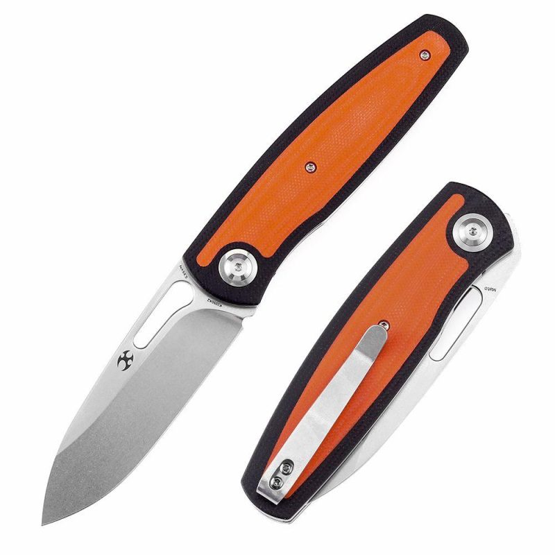 Mato K1050A2 Stonewashed CPM-S35VN Blade Black and Orange G10 Handle with Villella Knives Design | Folding Pocket Knives