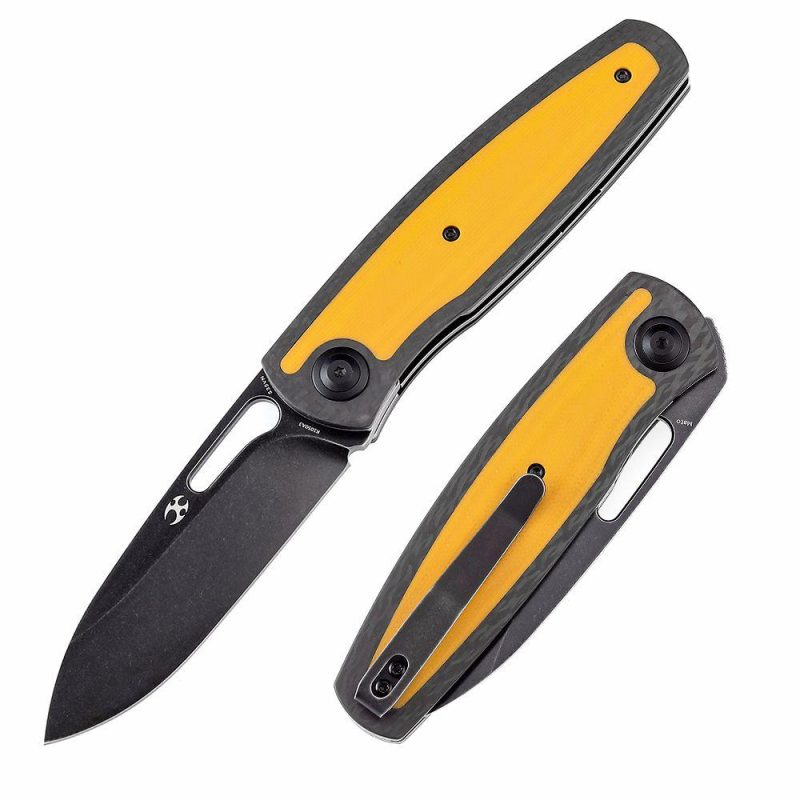 Mato K1050A3 Black Stonewashed CPM-S35VN Blade Twill Carbon Fiber +Yellow G10 Handle with Villella Knives Design | Folding Pocket Knives