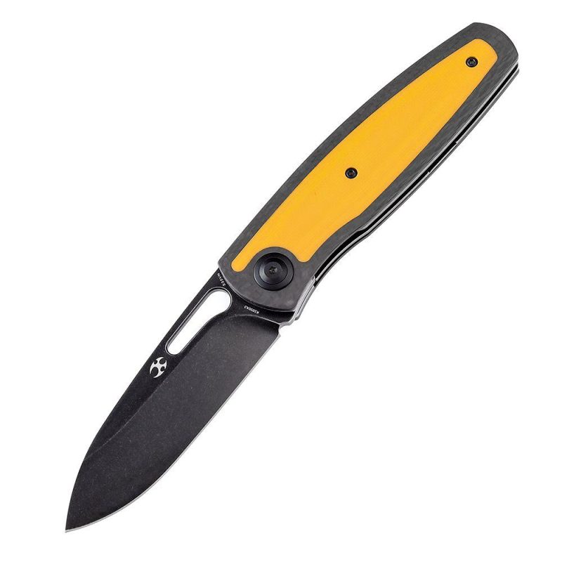 Mato K1050A3 Black Stonewashed CPM-S35VN Blade Twill Carbon Fiber +Yellow G10 Handle with Villella Knives Design | Folding Pocket Knives