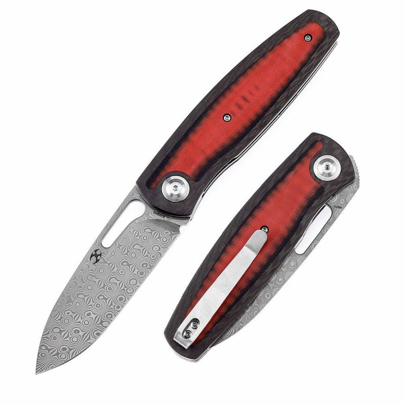 Mato K1050A5 Damascus Blade Blade Twill Carbon Fiber +Red Black G10 Handle with Villella Knives Design | Folding Pocket Knives