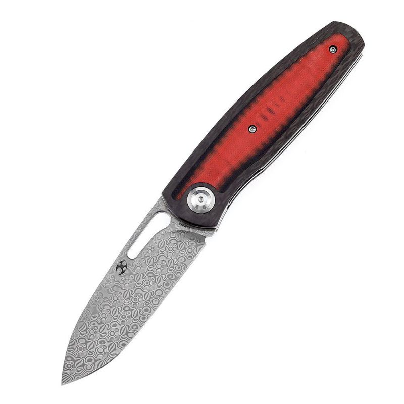 Mato K1050A5 Damascus Blade Blade Twill Carbon Fiber +Red Black G10 Handle with Villella Knives Design | Folding Pocket Knives