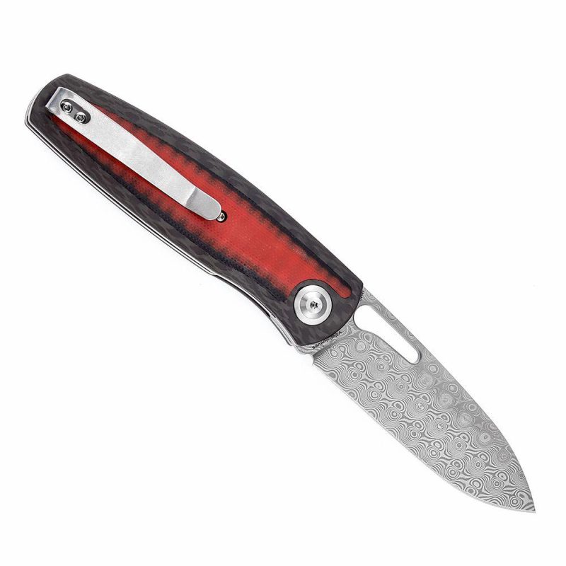 Mato K1050A5 Damascus Blade Blade Twill Carbon Fiber +Red Black G10 Handle with Villella Knives Design | Folding Pocket Knives