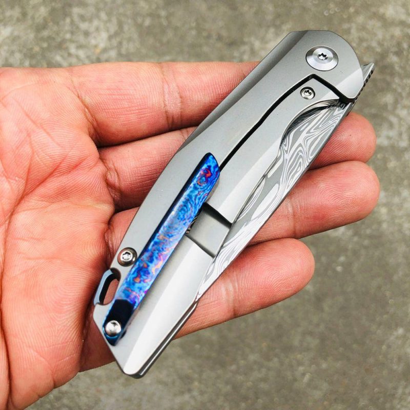 Mini Accipiter K2007A7 Under 3” Front Flipper with Damasteel Draupner Blade Titanium Handle with Timascus Inlay Timascus | Folding Pocket Knives