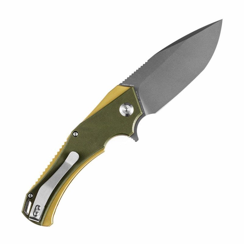 Mini Hellx T2008A2 Gray TiCn Coated D2 Blade Olive Green G10 Handle with Mikkel Willumsen Design | Folding Pocket Knives