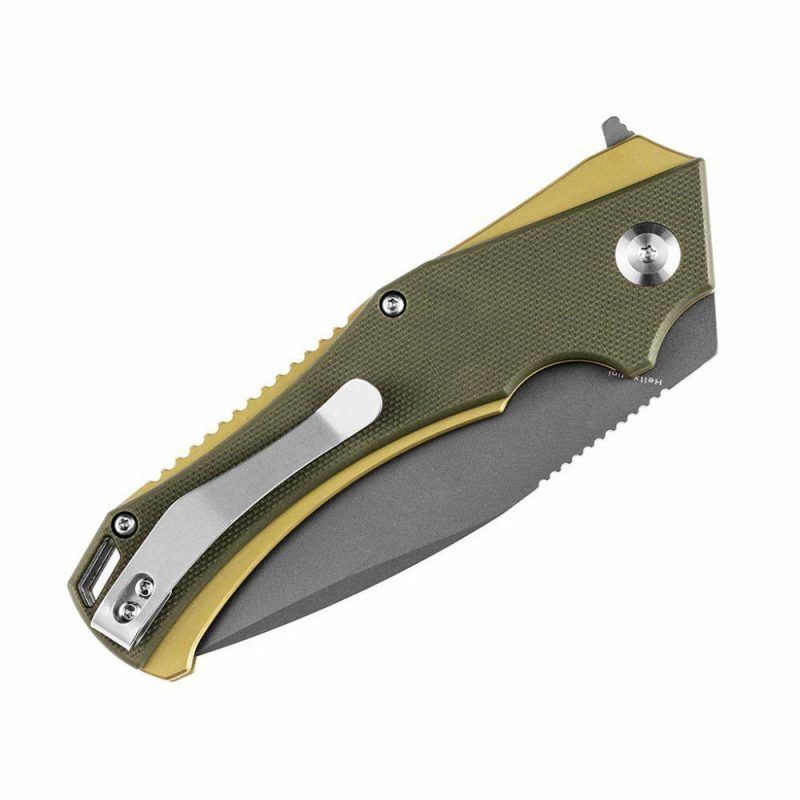 Mini Hellx T2008A2 Gray TiCn Coated D2 Blade Olive Green G10 Handle with Mikkel Willumsen Design | Folding Pocket Knives