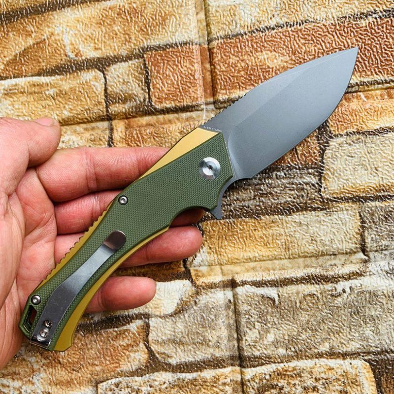 Mini Hellx T2008A2 Gray TiCn Coated D2 Blade Olive Green G10 Handle with Mikkel Willumsen Design | Folding Pocket Knives